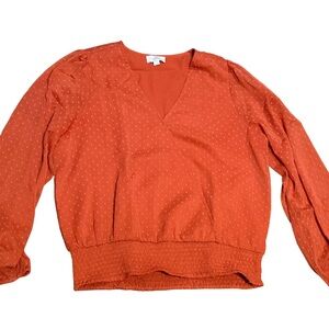 LOFT Orange Swiss Dot Blouse Womens M Smocked Waist Long Sleeve Boho Top